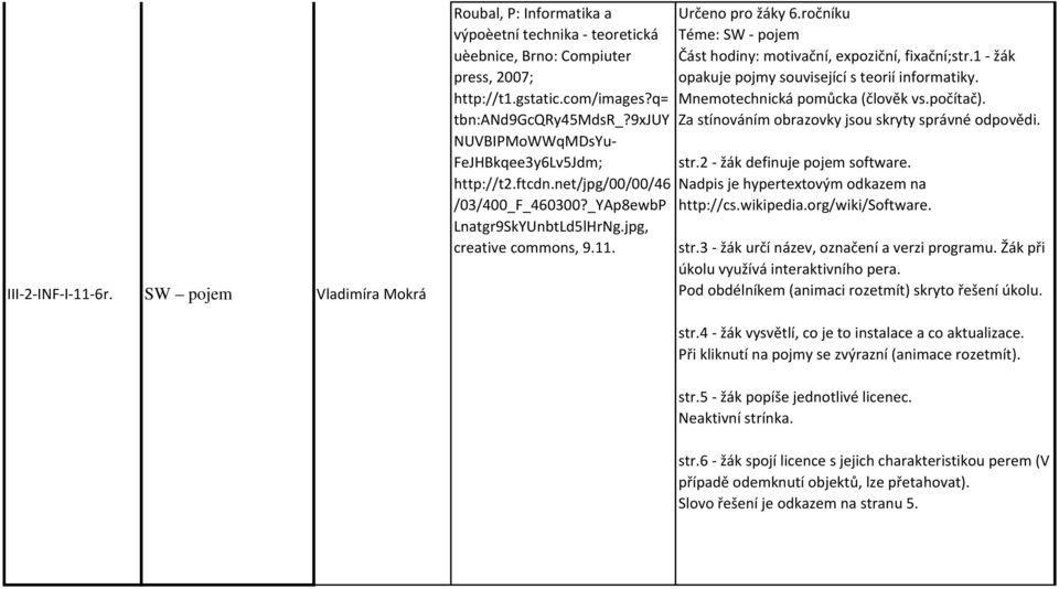 ročníku Téme: SW - pojem Část hodiny: motivační, expoziční, fixační;str.1 - žák opakuje pojmy související s teorií informatiky. Mnemotechnická pomůcka (člověk vs.počítač).