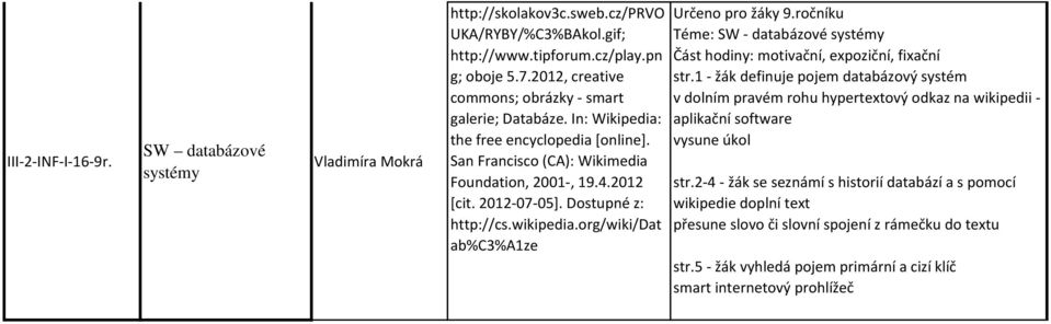 Dostupné z: http://cs.wikipedia.org/wiki/dat ab%c3%a1ze Určeno pro žáky 9.ročníku Téme: SW - databázové systémy Část hodiny: motivační, expoziční, fixační str.