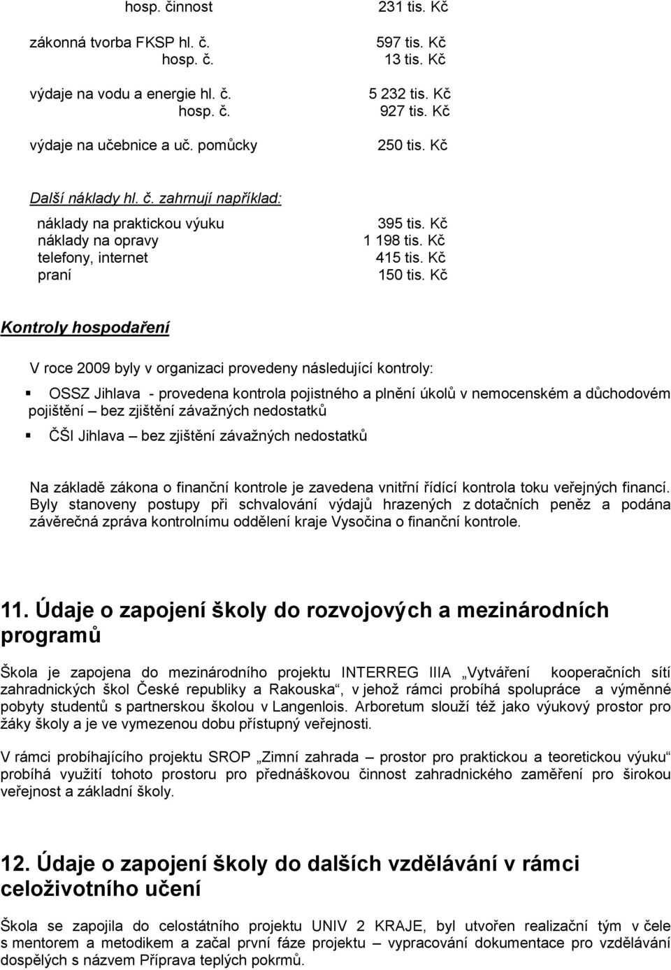 Kč Kontroly hospodaření V roce 2009 byly v organizaci provedeny následující kontroly: OSSZ Jihlava - provedena kontrola pojistného a plnění úkolů v nemocenském a důchodovém pojištění bez zjištění