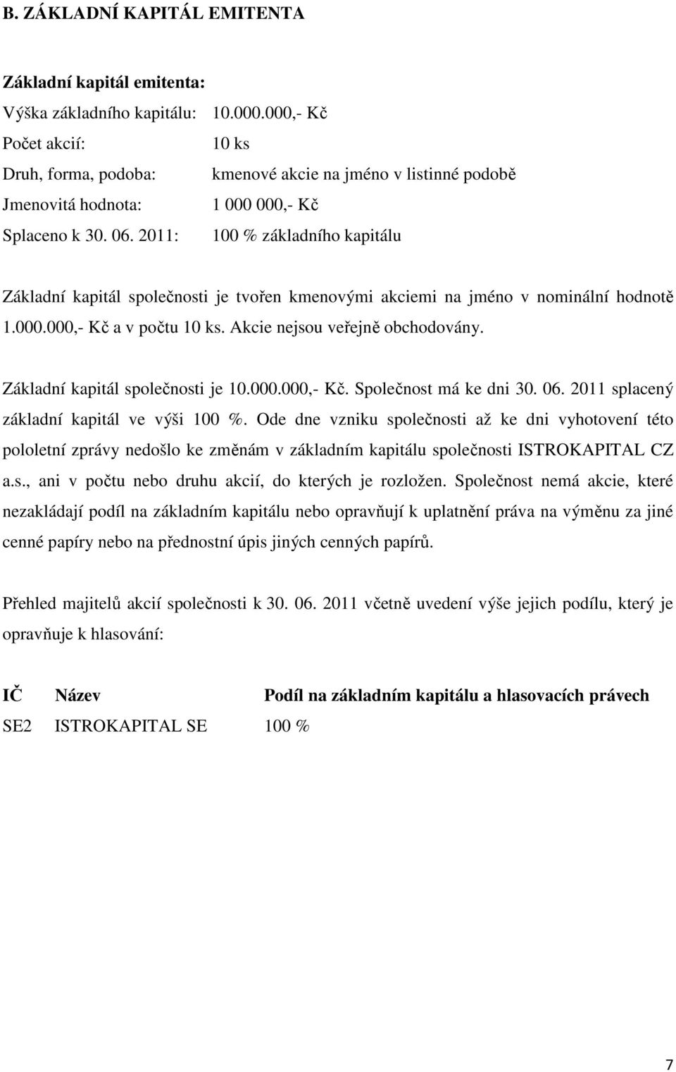 2011: 100 % základního kapitálu Základní kapitál společnosti je tvořen kmenovými akciemi na jméno v nominální hodnotě 1.000.000,- Kč a v počtu 10 ks. Akcie nejsou veřejně obchodovány.