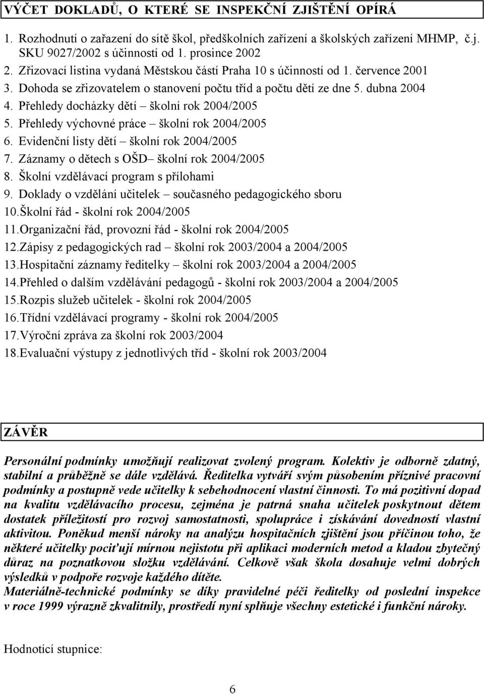 Přehledy docházky dětí školní rok 2004/2005 5. Přehledy výchovné práce školní rok 2004/2005 6. Evidenční listy dětí školní rok 2004/2005 7. Záznamy o dětech s OŠD školní rok 2004/2005 8.