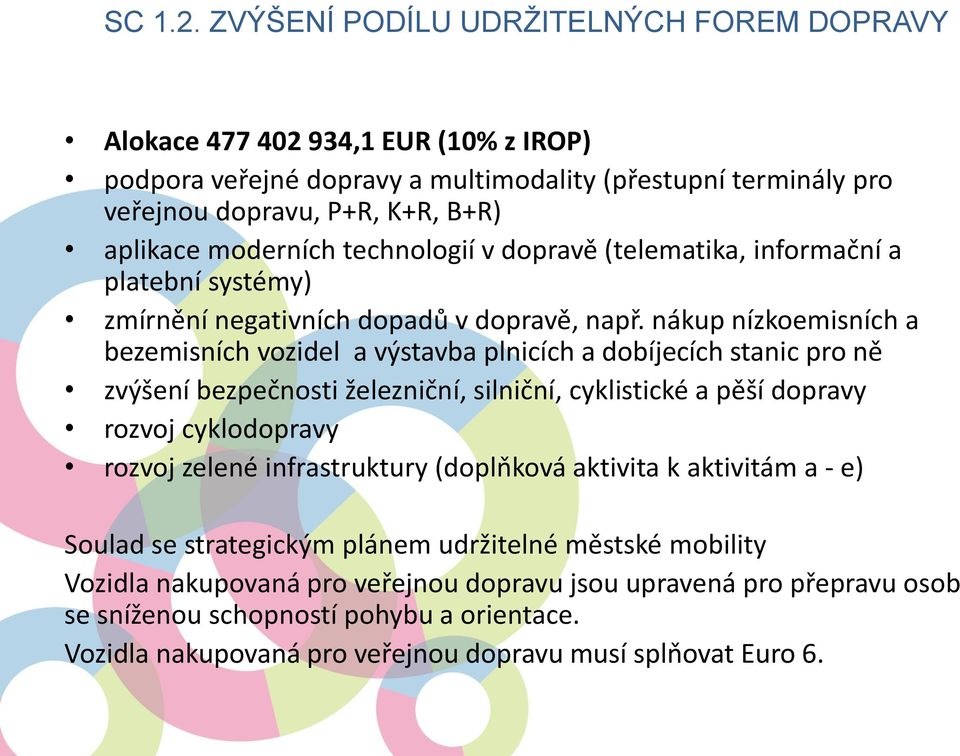 technologií v dopravě (telematika, informační a platební systémy) zmírnění negativních dopadů v dopravě, např.