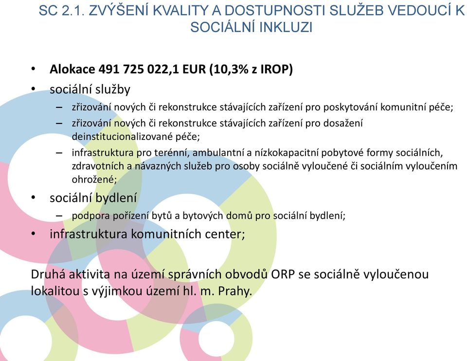 pro poskytování komunitní péče; zřizování nových či rekonstrukce stávajících zařízení pro dosažení deinstitucionalizované péče; infrastruktura pro terénní, ambulantní a