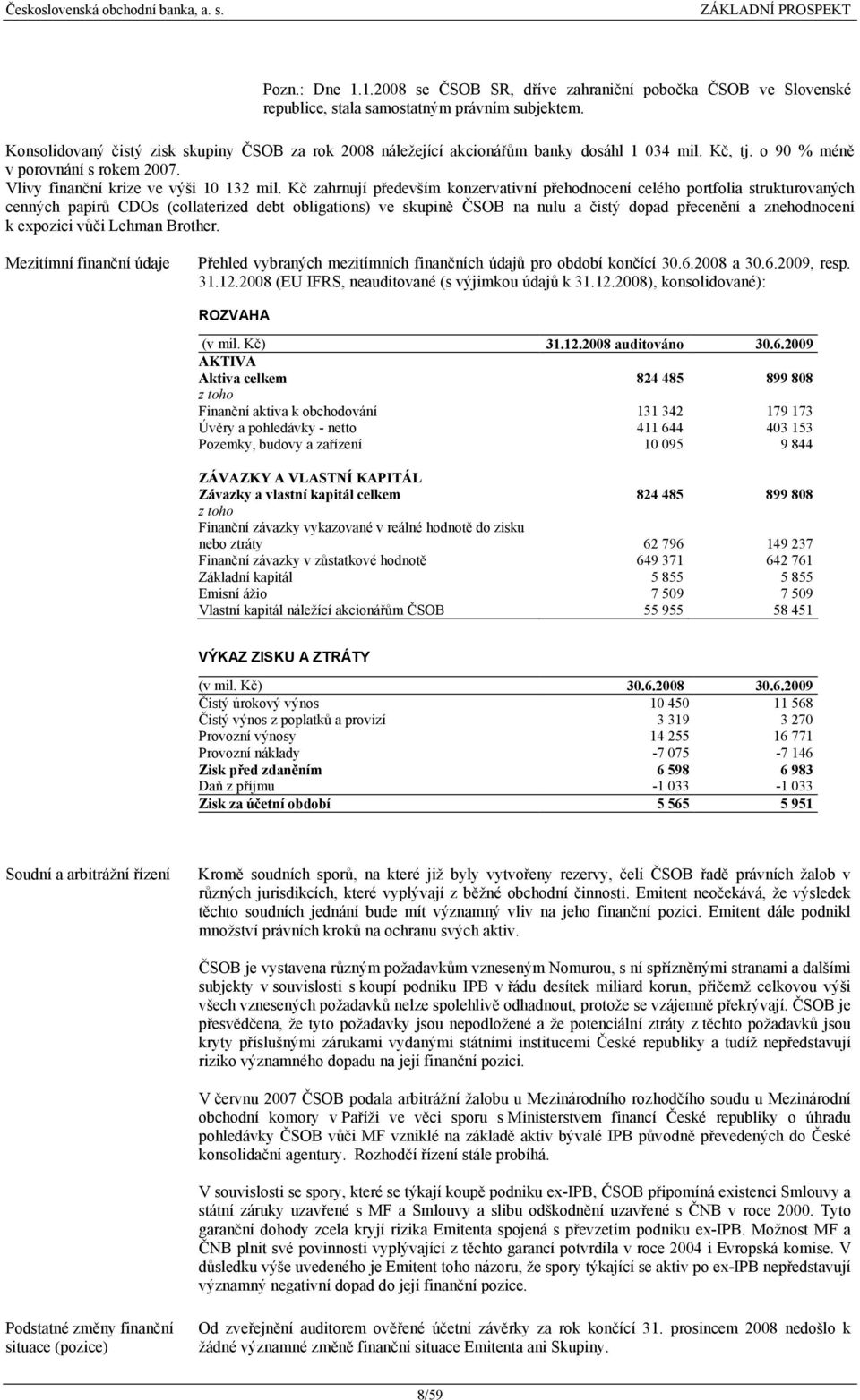 Kč zahrnují především konzervativní přehodnocení celého portfolia strukturovaných cenných papírů CDOs (collaterized debt obligations) ve skupině ČSOB na nulu a čistý dopad přecenění a znehodnocení k