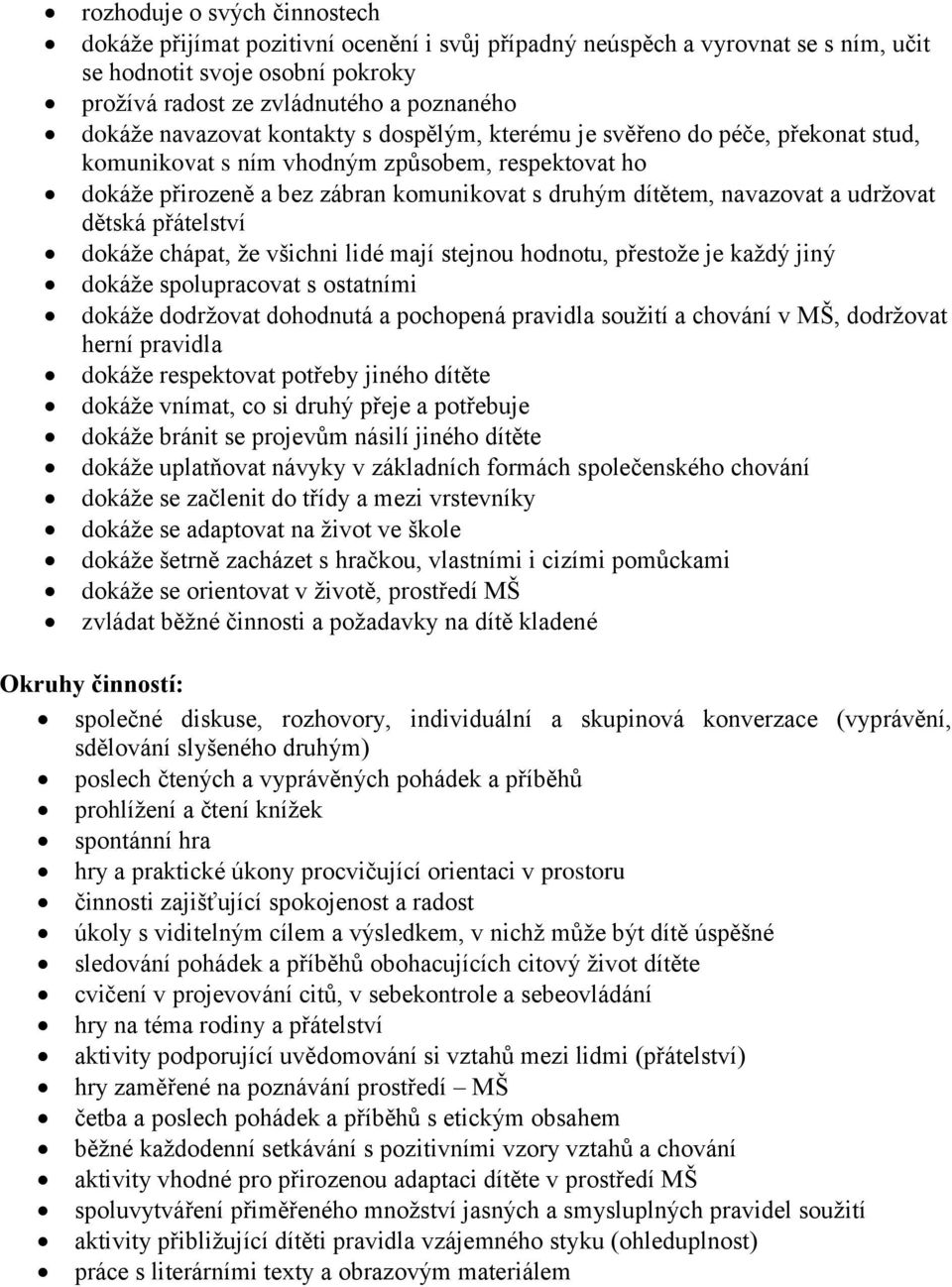 udržovat dětská přátelství dokáže chápat, že všichni lidé mají stejnou hodnotu, přestože je každý jiný dokáže spolupracovat s ostatními dokáže dodržovat dohodnutá a pochopená pravidla soužití a