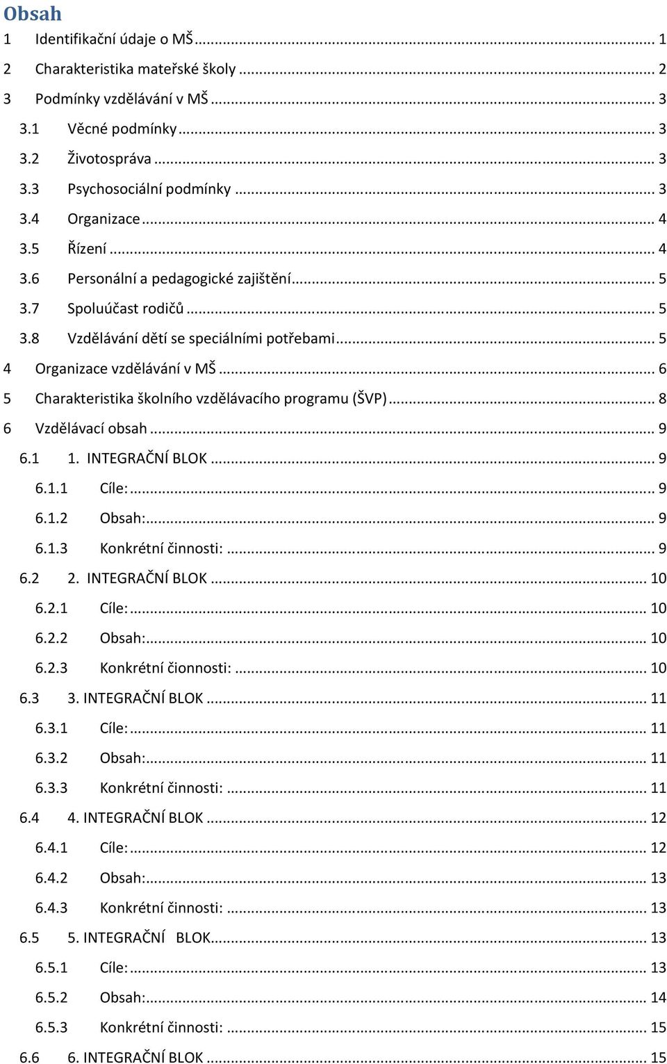 .. 6 5 Charakteristika školního vzdělávacího programu (ŠVP)... 8 6 Vzdělávací obsah... 9 6.1 1. INTEGRAČNÍ BLOK... 9 6.1.1 Cíle:... 9 6.1.2 Obsah:... 9 6.1.3 Konkrétní činnosti:... 9 6.2 2.