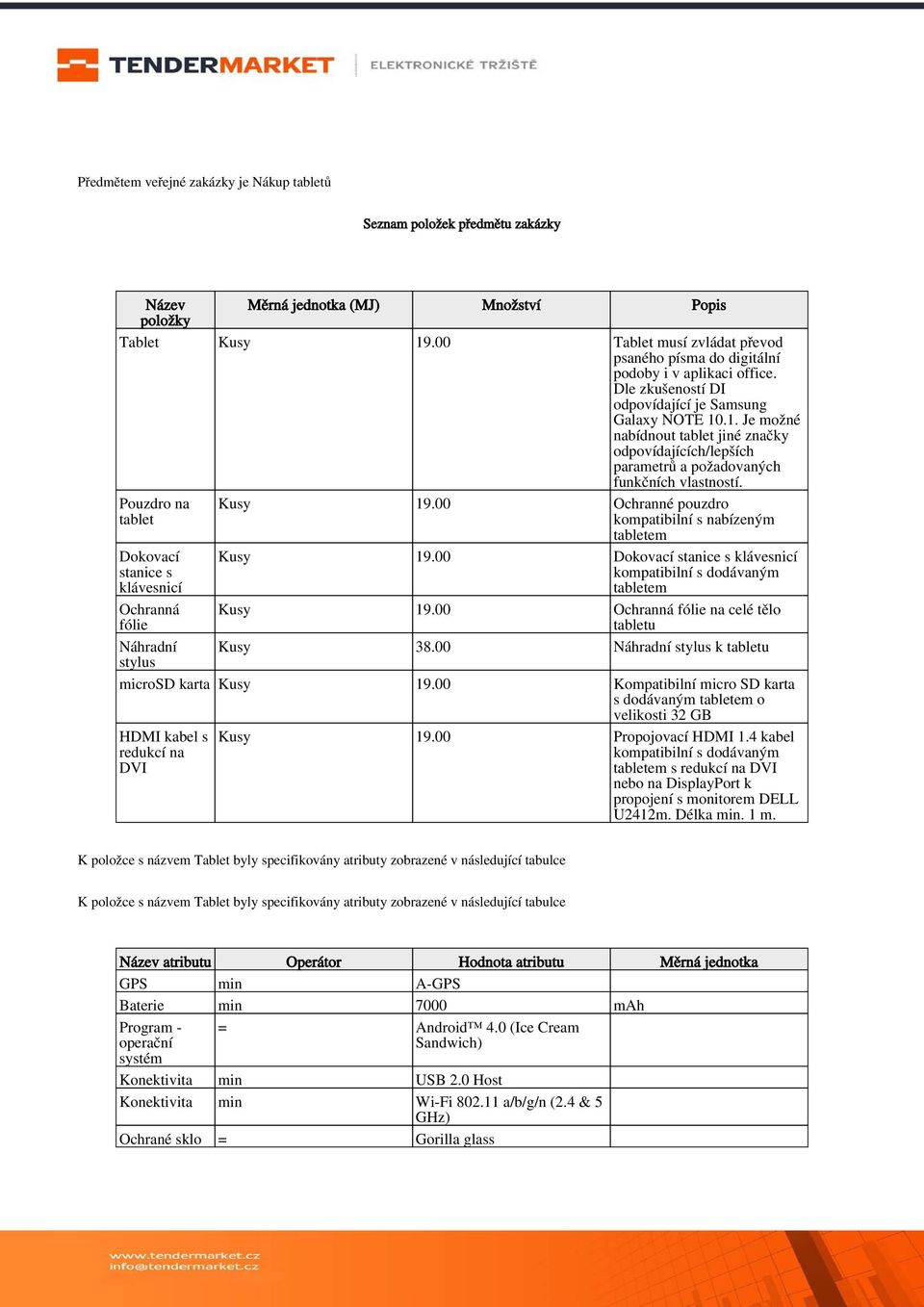 .1. Je možné nabídnout tablet jiné značky odpovídajících/lepších parametrů a požadovaných funkčních vlastností. Pouzdro na tablet Dokovací stanice s klávesnicí Ochranná fólie Náhradní stylus Kusy 19.