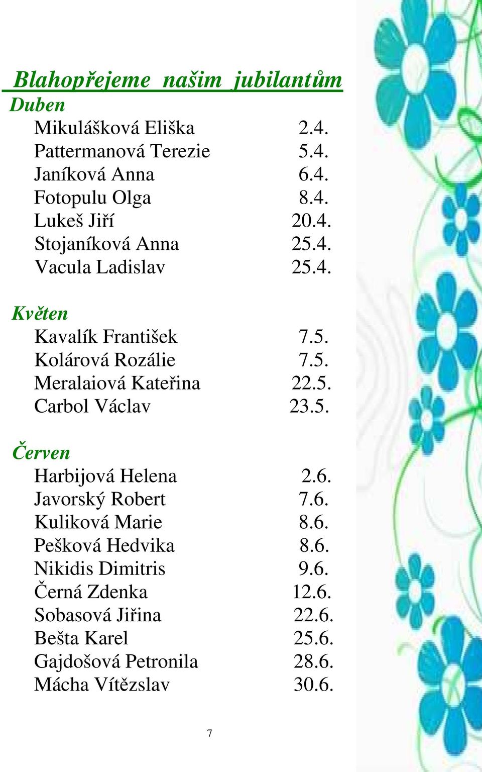 5. Červen Harbijová Helena 2.6. Javorský Robert 7.6. Kuliková Marie 8.6. Pešková Hedvika 8.6. Nikidis Dimitris 9.6. Černá Zdenka 12.