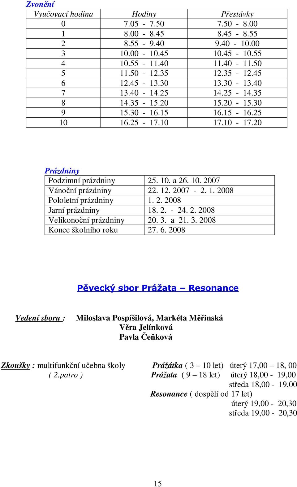 2007-2. 1. 2008 Pololetní prázdniny 1. 2. 2008 Jarní prázdniny 18. 2. - 24. 2. 2008 Velikononí prázdniny 20. 3. a 21. 3. 2008 Konec školního roku 27. 6.