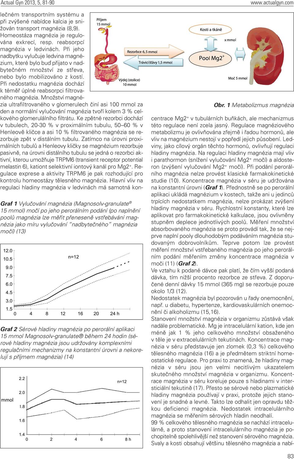 s příjmem magnézia) (14) Obr. 1 Metaboizmus magnézia ečném transportním systému a při zvýšené nabídce kacia je snižován transport magnézia (8,9). Homeostáza magnézia je reguována exkrecí, resp.