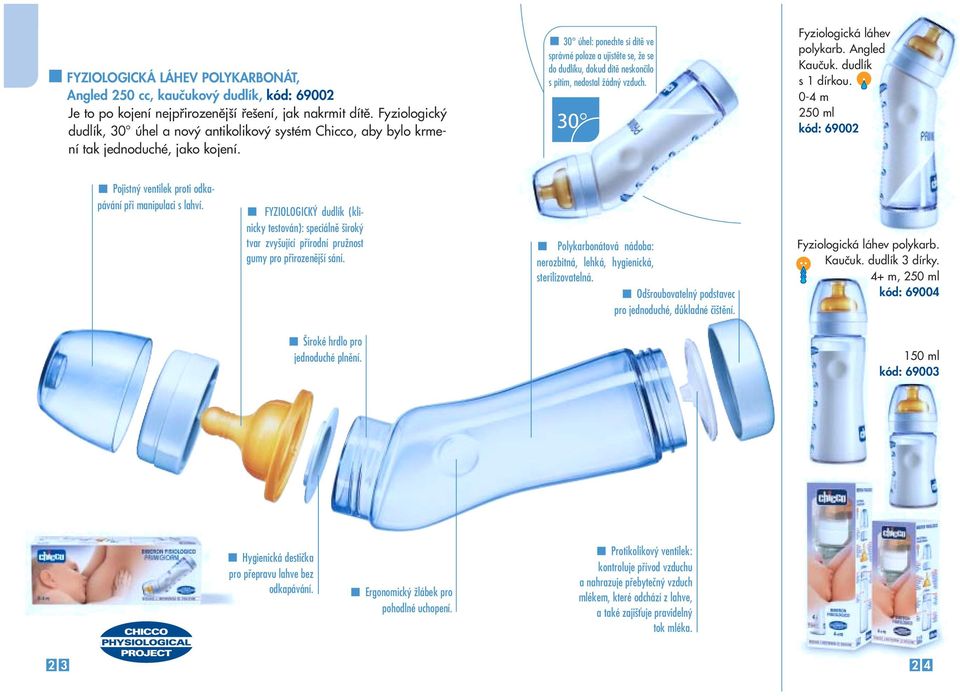 30 úhel: ponechte si dítû ve správné poloze a ujistûte se, Ïe se do dudlíku, dokud dítû neskonãilo s pitím, nedostal Ïádn vzduch. Fyziologická láhev polykarb. Angled Kauãuk. dudlík s 1 dírkou.