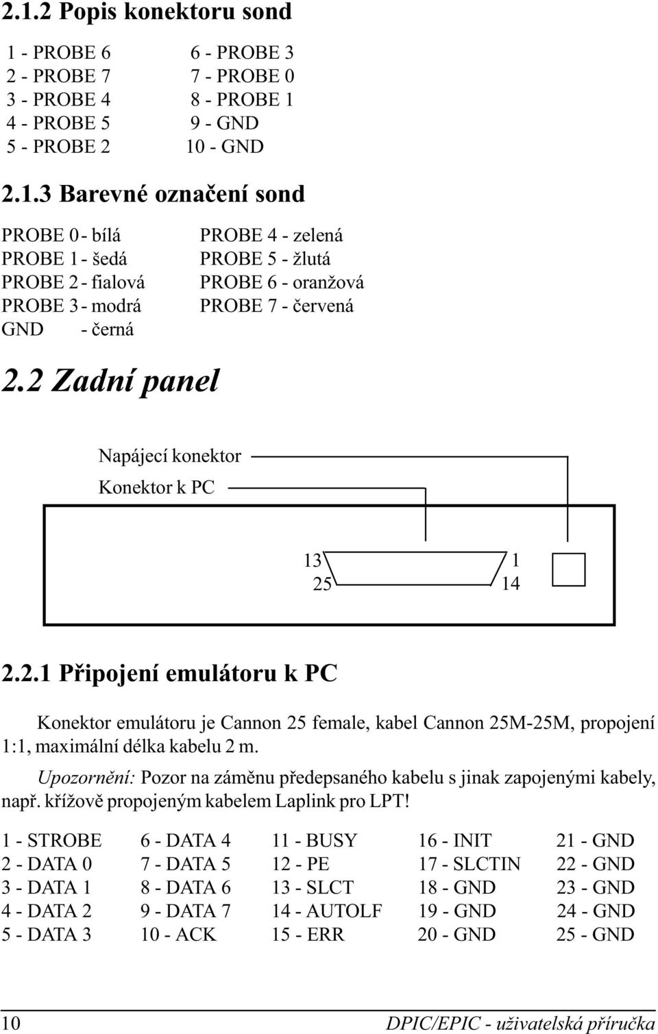 Upozornìní: Pozor na zámìnu pøedepsaného kabeu s jinak zapojenými kabey, napø. køížovì propojeným kabeem Lapink pro LPT!