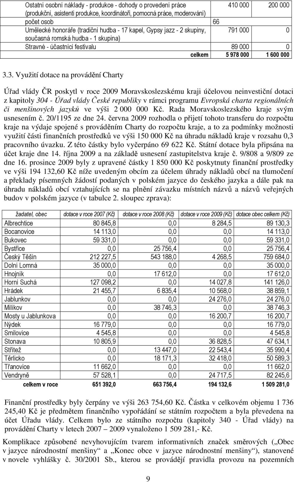 3. Využití dotace na provádění Charty Úřad vlády ČR poskytl v roce 2009 Moravskoslezskému kraji účelovou neinvestiční dotaci z kapitoly 304 - Úřad vlády České republiky v rámci programu Evropská