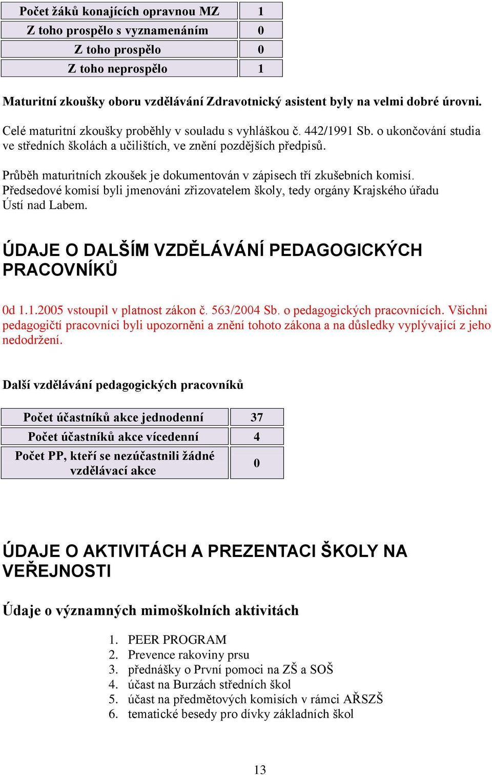 Průběh maturitních zkoušek je dokumentován v zápisech tří zkušebních komisí. Předsedové komisí byli jmenováni zřizovatelem školy, tedy orgány Krajského úřadu Ústí nad Labem.