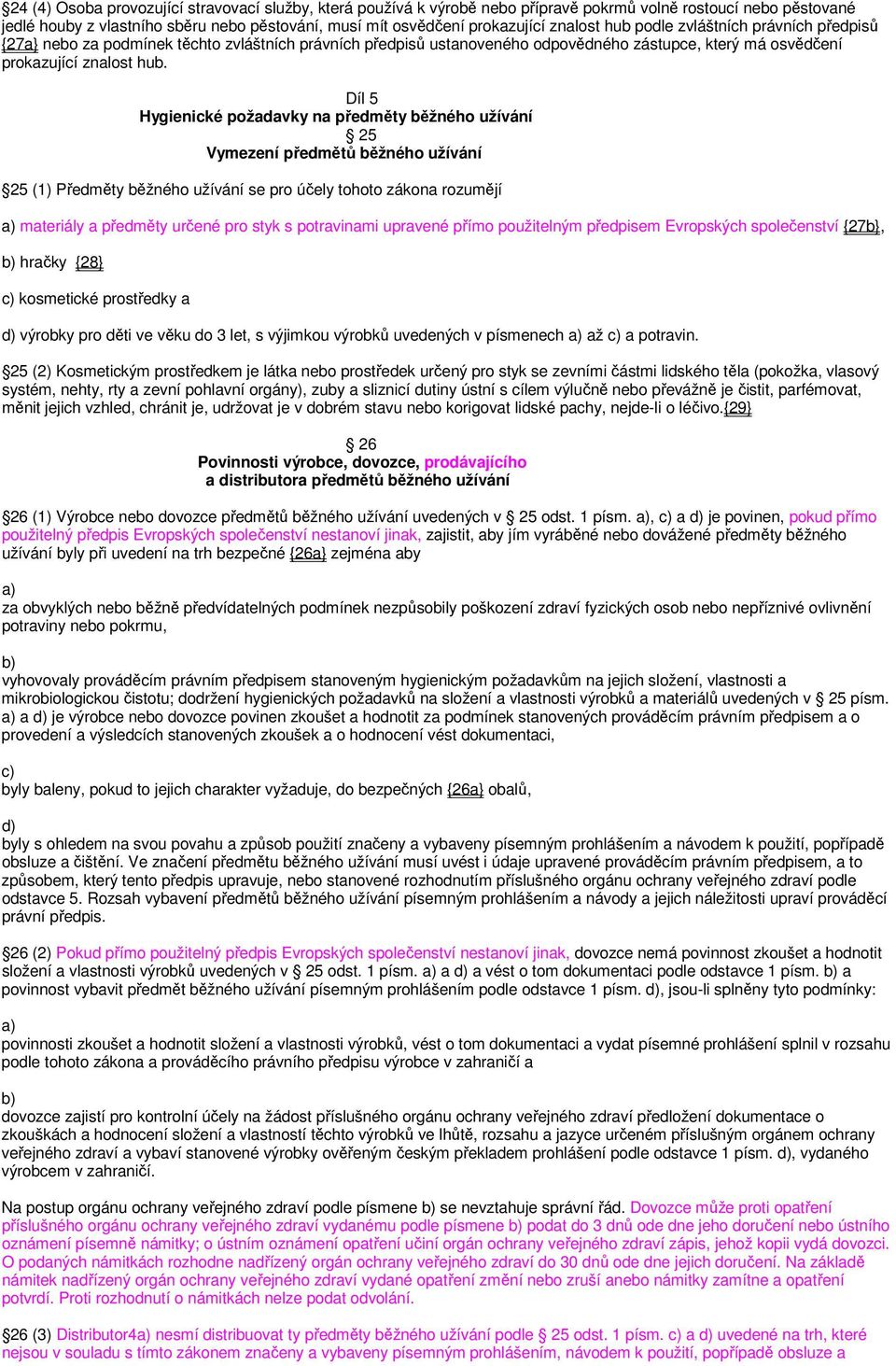 Díl 5 Hygienické požadavky na předměty běžného užívání 25 Vymezení předmětů běžného užívání 25 (1) Předměty běžného užívání se pro účely tohoto zákona rozumějí materiály a předměty určené pro styk s