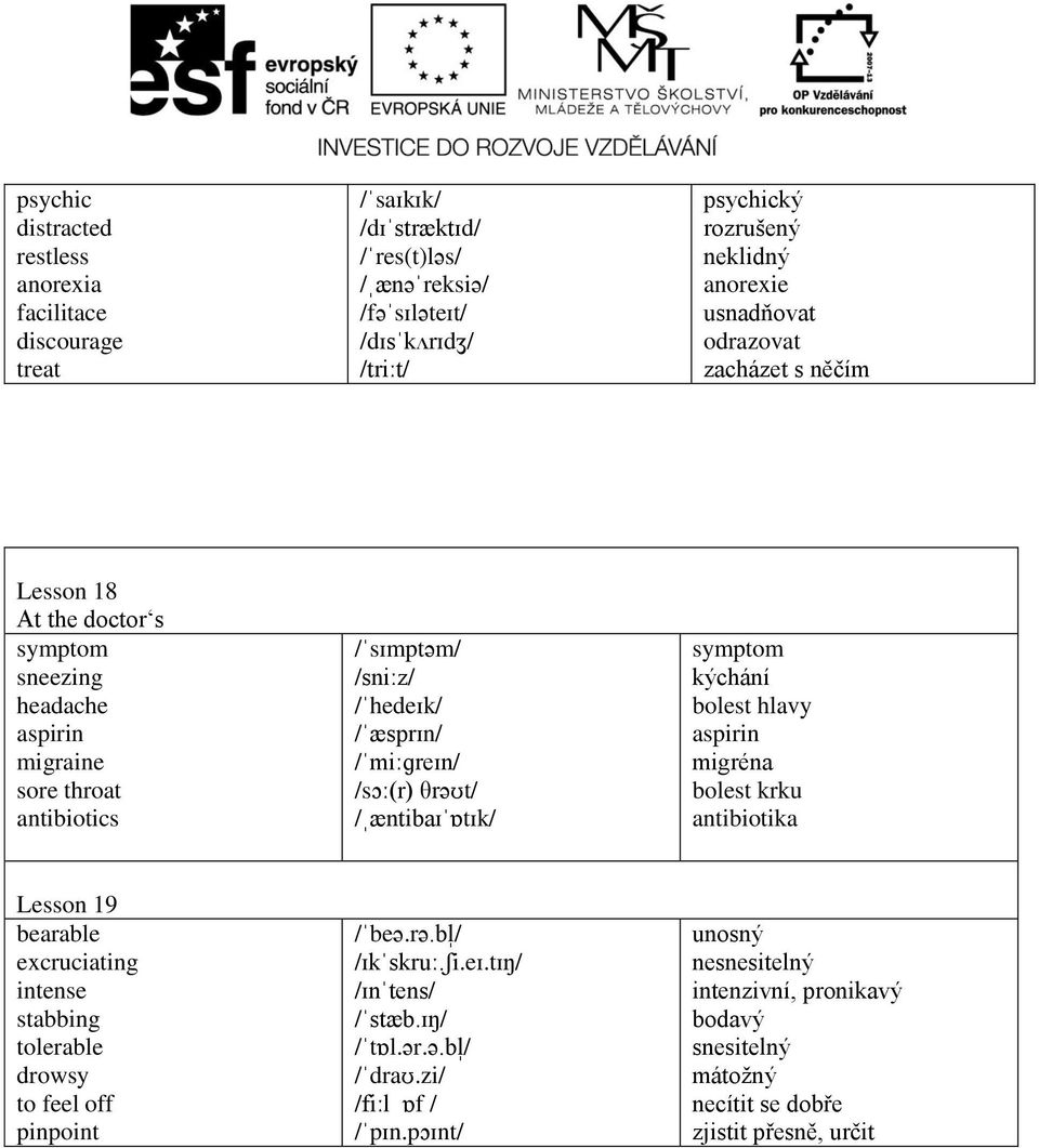 /s(r) rt/ /ntibatk/ symptom kýchání bolest hlavy aspirin migréna bolest krku antibiotika Lesson 19 bearable excruciating intense stabbing tolerable drowsy to feel off