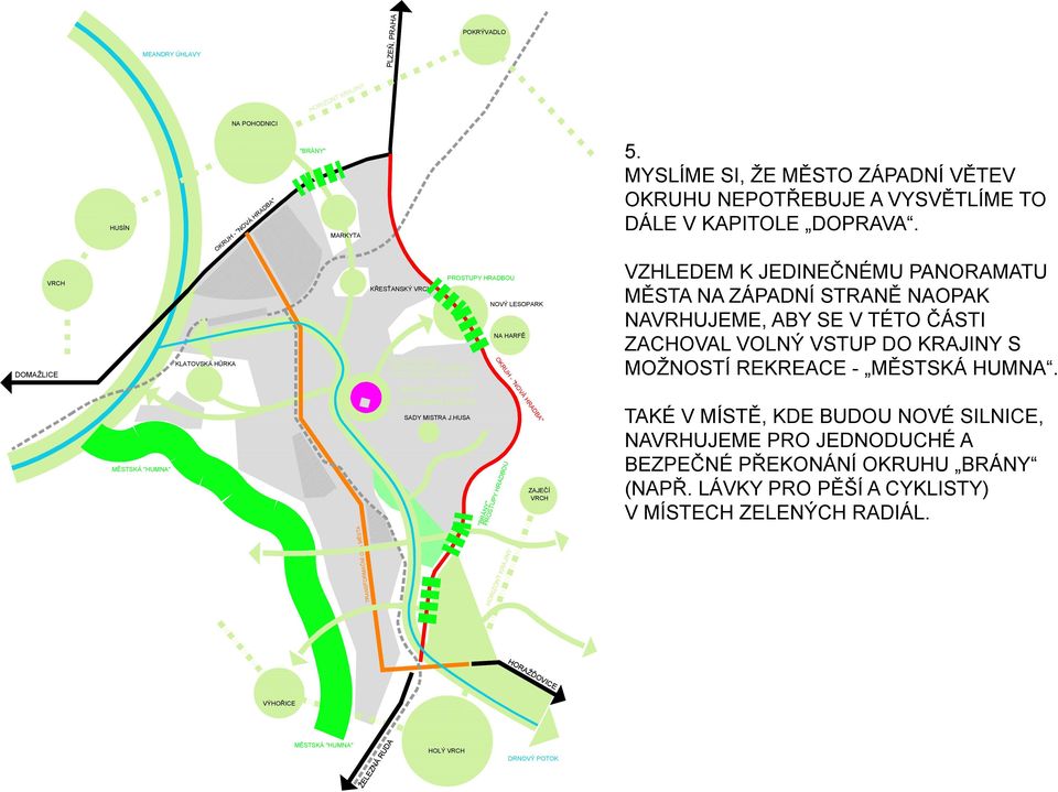 VRCH DOMAŽLICE KLATOVSKÁ HŮRKA KŘESŤANSKÝ VRCH ZELENÉ RADIÁLY VSTUP KRAJINY DO MĚSTA / VSTUP MĚSTA DO KRAJINY PROSTUPY HRADBOU NOVÝ LESOPARK NA HARFĚ VZHLEDEM K JEDINEČNÉMU PANORAMATU MĚSTA NA