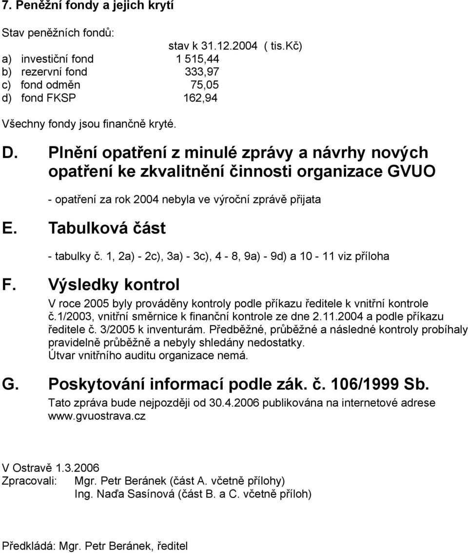 Plnění opatření z minulé zprávy a návrhy nových opatření ke zkvalitnění činnosti organizace GVUO - opatření za rok 2004 nebyla ve výroční zprávě přijata E. Tabulková část - tabulky č.