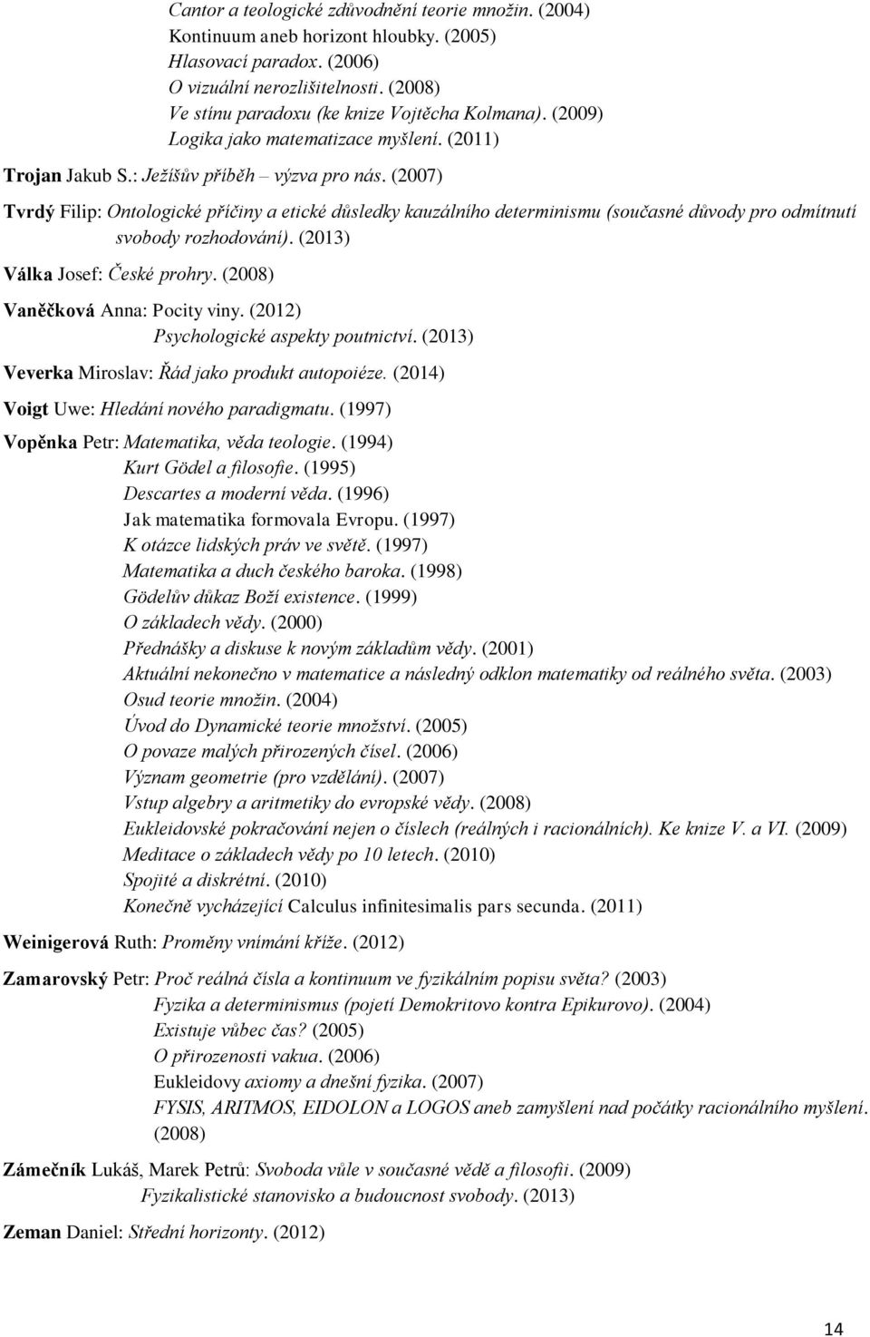 (2007) Tvrdý Filip: Ontologické příčiny a etické důsledky kauzálního determinismu (současné důvody pro odmítnutí svobody rozhodování). (2013) Válka Josef: České prohry.