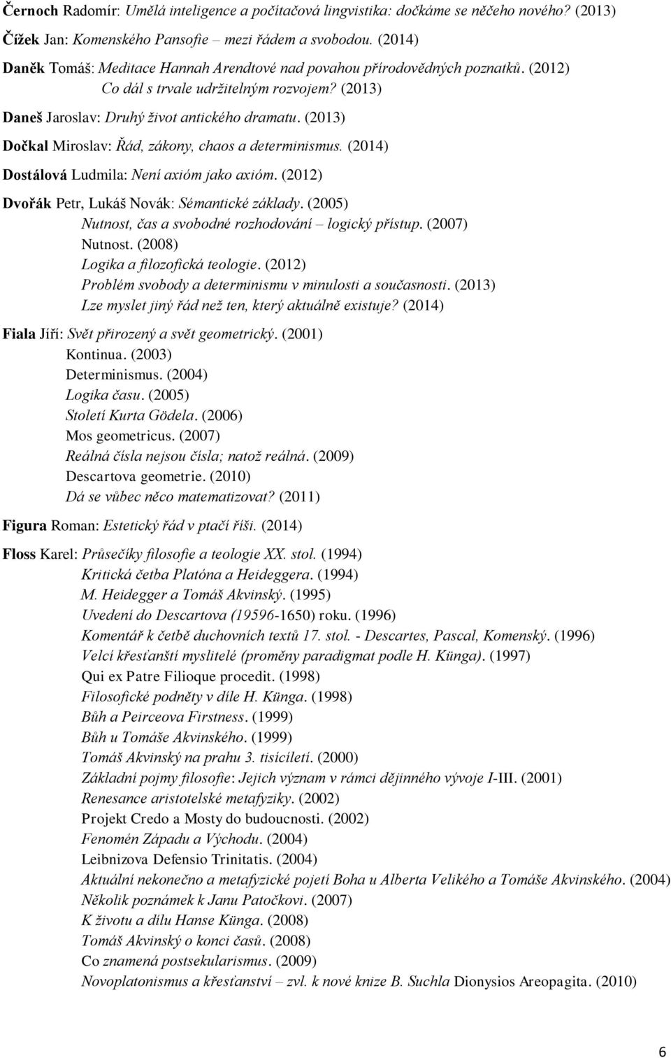 (2013) Dočkal Miroslav: Řád, zákony, chaos a determinismus. (2014) Dostálová Ludmila: Není axióm jako axióm. (2012) Dvořák Petr, Lukáš Novák: Sémantické základy.