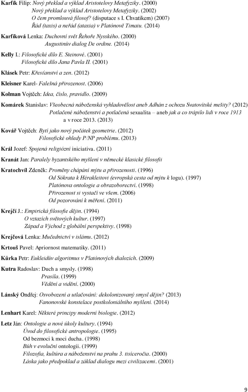 Steinové. (2001) Filosofické dílo Jana Pavla II. (2001) Klásek Petr: Křesťanství a zen. (2012) Kleisner Karel- Falešná přirozenost. (2006) Kolman Vojtěch: Idea, číslo, pravidlo.