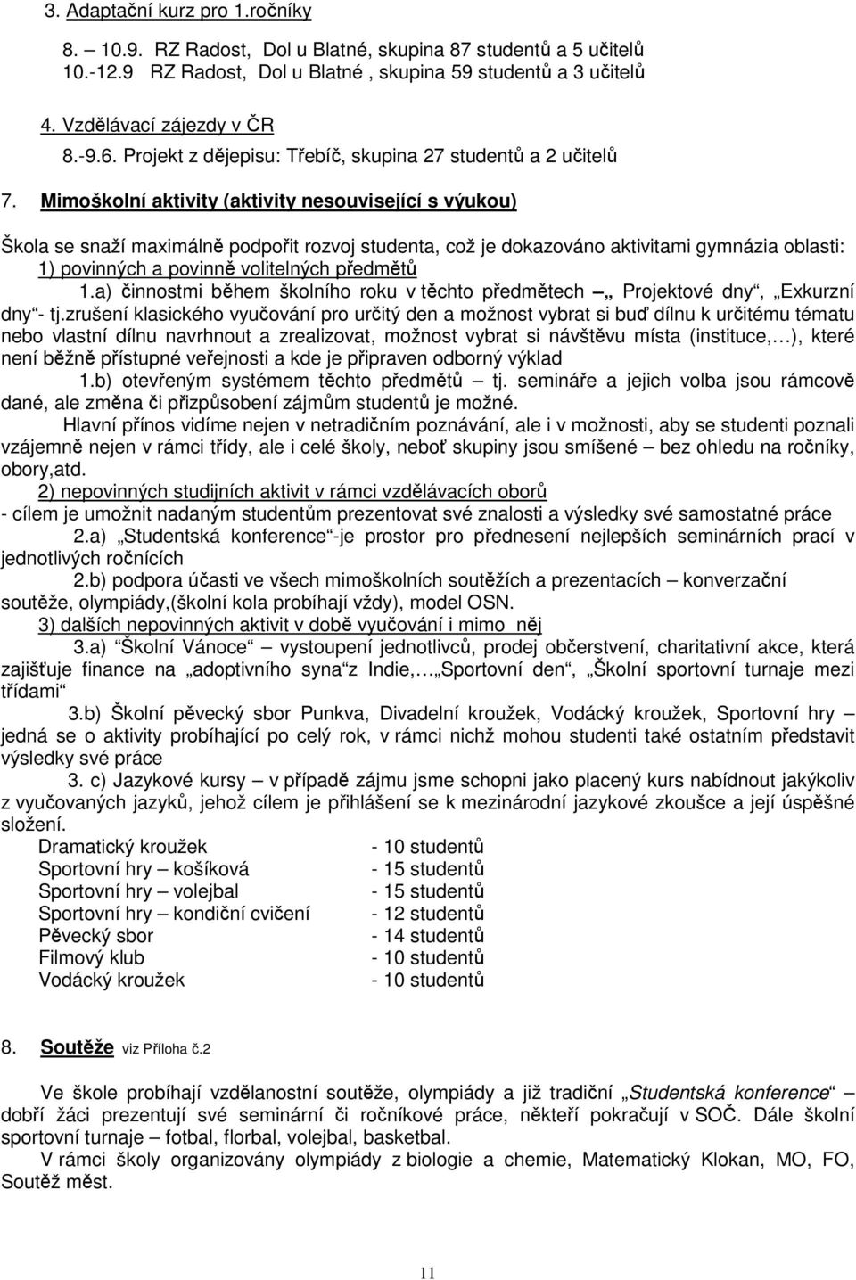 Mimoškolní aktivity (aktivity nesouvisející s výukou) Škola se snaží maximálně podpořit rozvoj studenta, což je dokazováno aktivitami gymnázia oblasti: ) povinných a povinně volitelných předmětů.