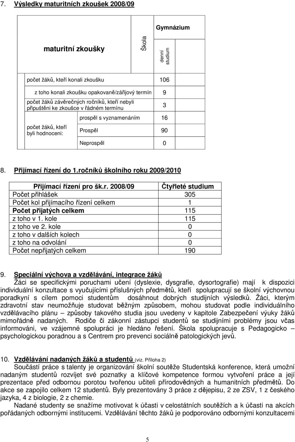 ročníků školního roku 2009/200 Přijímací řízení pro šk.r. 2008/09 Čtyřleté studium Počet přihlášek 305 Počet kol přijímacího řízení Počet přijatých 5 z toho v. kole 5 z toho ve 2.