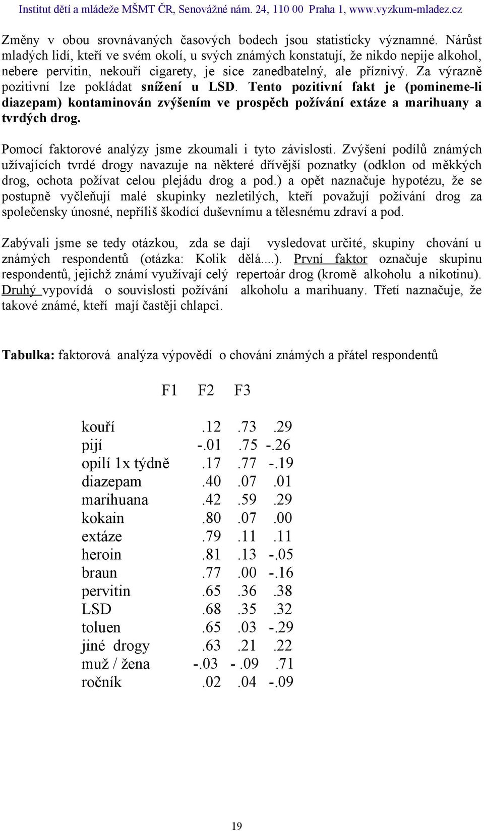 Za výrazně pozitivní lze pokládat snížení u LSD. Tento pozitivní fakt je (pomineme-li diazepam) kontaminován zvýšením ve prospěch požívání extáze a marihuany a tvrdých drog.