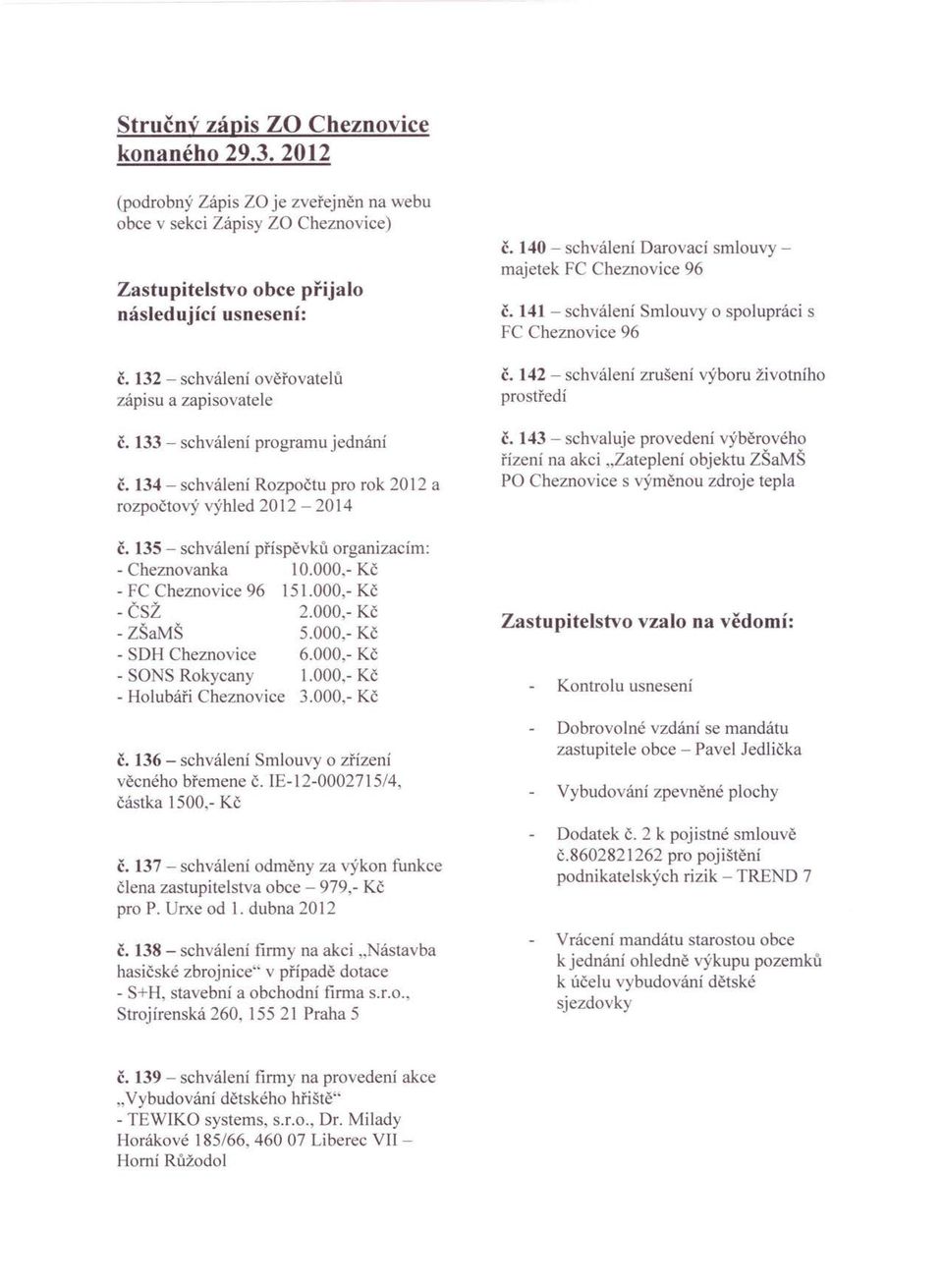 135 - schválení příspěvků organízacím: - Cheznovanka 10.000,- Kč - FC Cheznovice 96 151.000,- Kč - ČSŽ 2.000,- Kč - ZŠaMŠ 5.000,- Kč - SDH Cheznovice 6.000,- Kč - SONS Rokycany 1.