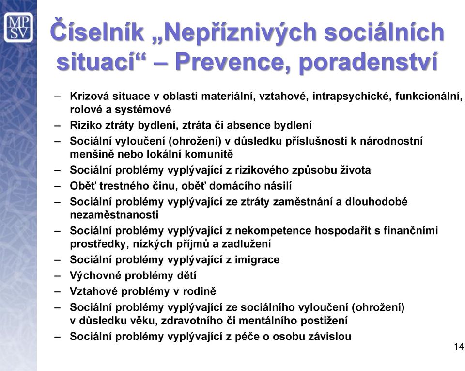 domácího násilí Sociální problémy vyplývající ze ztráty zaměstnání a dlouhodobé nezaměstnanosti Sociální problémy vyplývající z nekompetence hospodařit s finančními prostředky, nízkých příjmů a