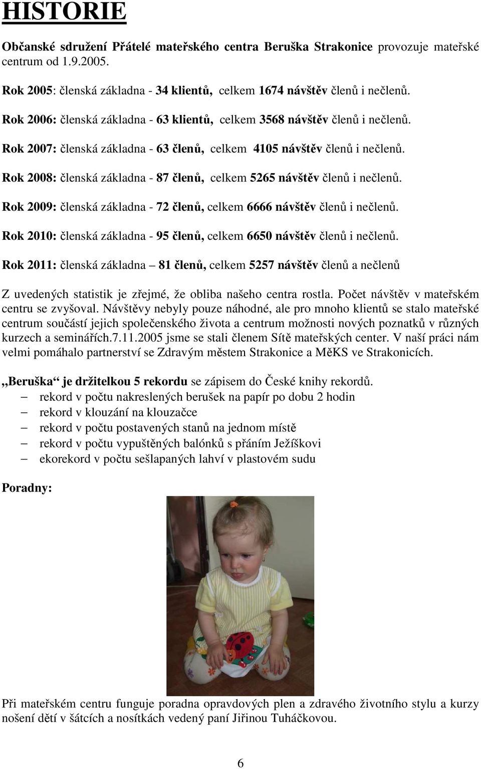 Rok 2008: členská základna - 87 členů, celkem 5265 návštěv členů i nečlenů. Rok 2009: členská základna - 72 členů, celkem 6666 návštěv členů i nečlenů.