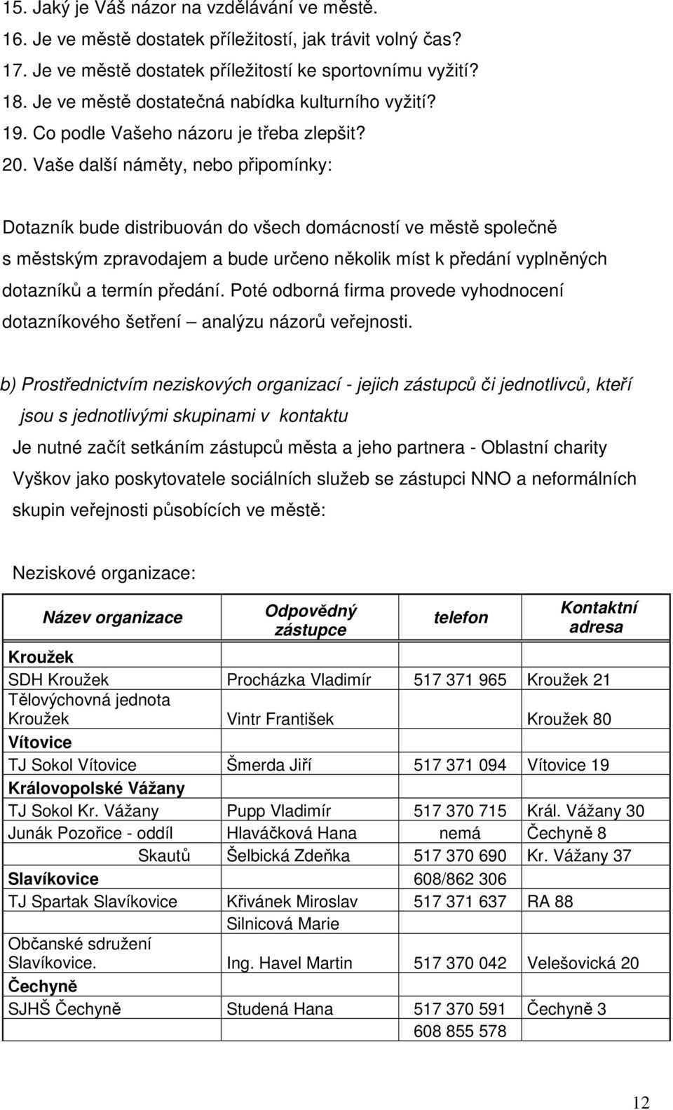 Vaše další náměty, nebo připomínky: Dotazník bude distribuován do všech domácností ve městě společně s městským zpravodajem a bude určeno několik míst k předání vyplněných dotazníků a termín předání.