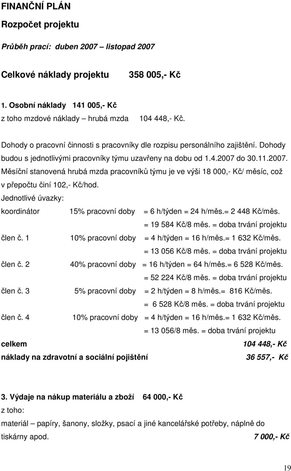 do 30.11.2007. Měsíční stanovená hrubá mzda pracovníků týmu je ve výši 18 000,- Kč/ měsíc, což v přepočtu činí 102,- Kč/hod. Jednotlivé úvazky: koordinátor 15% pracovní doby = 6 h/týden = 24 h/měs.