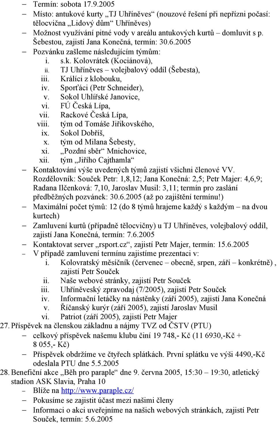 Sporťáci (Petr Schneider), v. Sokol Uhlířské Janovice, vi. FÚ Česká Lípa, vii. Rackové Česká Lípa, viii. tým od Tomáše Jiřikovského, ix. Sokol Dobříš, x. tým od Milana Šebesty, xi.