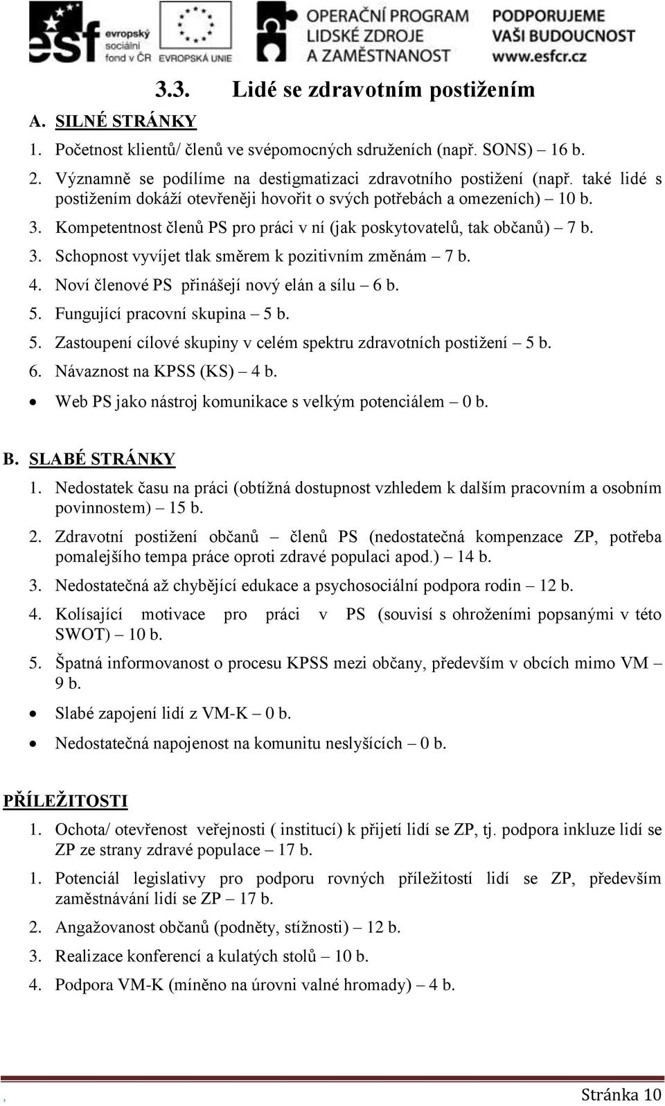 4. Noví členové PS přinášejí nový elán a sílu 6 b. 5. Fungující pracovní skupina 5 b. 5. Zastoupení cílové skupiny v celém spektru zdravotních postižení 5 b. 6. Návaznost na KPSS (KS) 4 b.