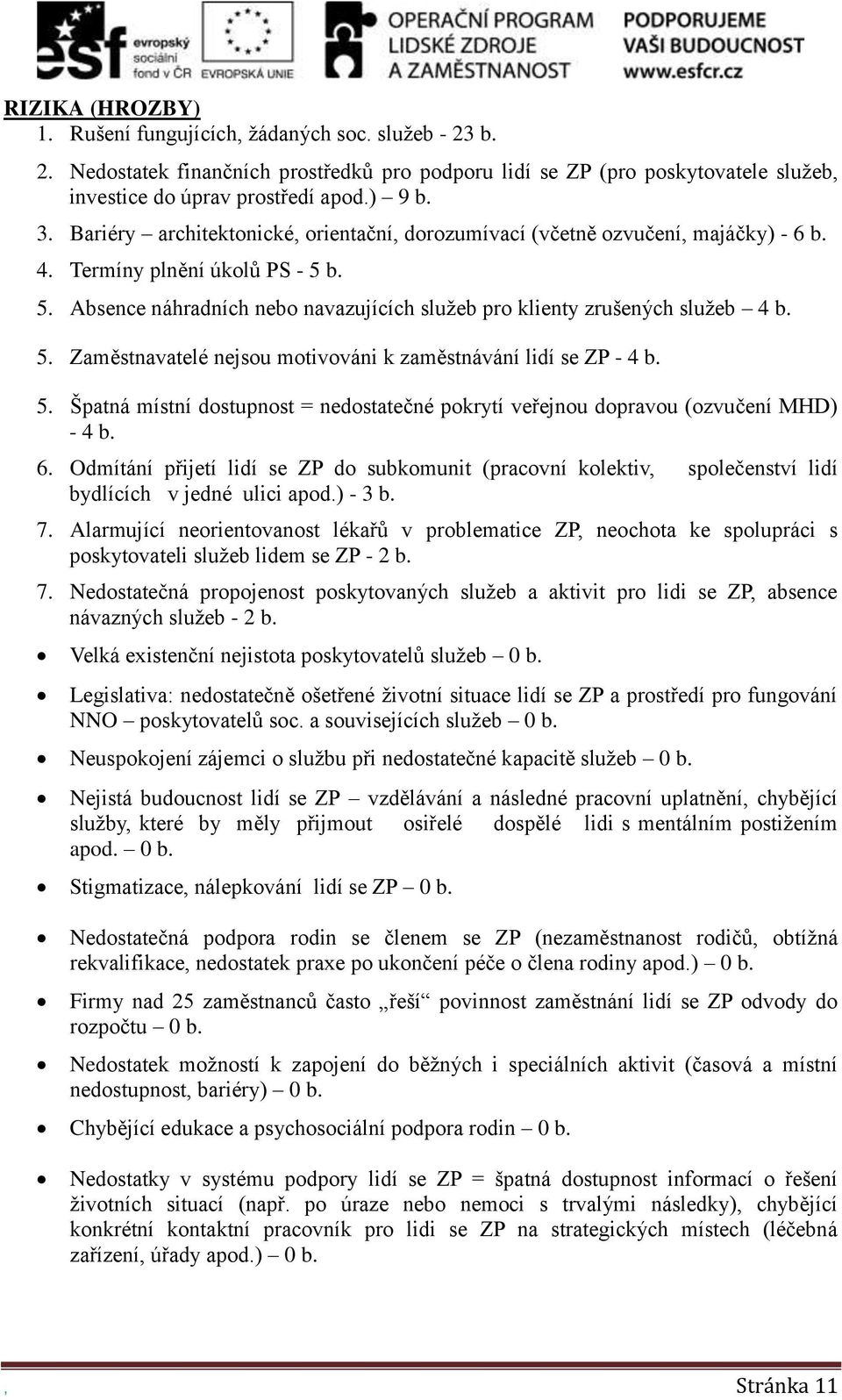 5. Zaměstnavatelé nejsou motivováni k zaměstnávání lidí se ZP - 4 b. 5. Špatná místní dostupnost = nedostatečné pokrytí veřejnou dopravou (ozvučení MHD) - 4 b. 6.