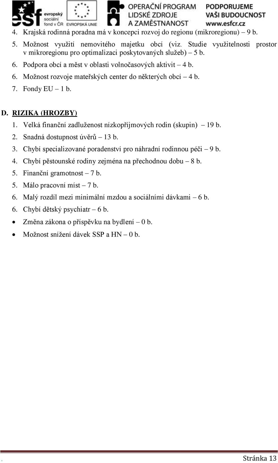7. Fondy EU 1 b. D. RIZIKA (HROZBY) 1. Velká finanční zadluženost nízkopříjmových rodin (skupin) 19 b. 2. Snadná dostupnost úvěrů 13 b. 3.