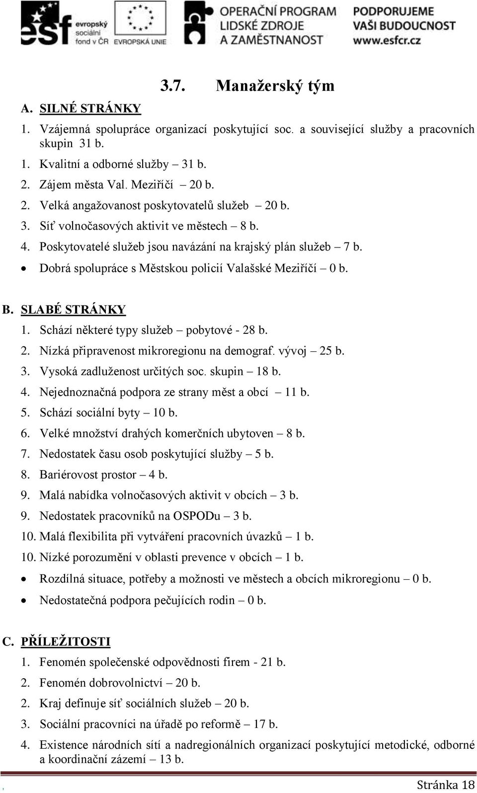 Dobrá spolupráce s Městskou policií Valašské Meziříčí 0 b. B. SLABÉ STRÁNKY 1. Schází některé typy služeb pobytové - 28 b. 2. Nízká připravenost mikroregionu na demograf. vývoj 25 b. 3.