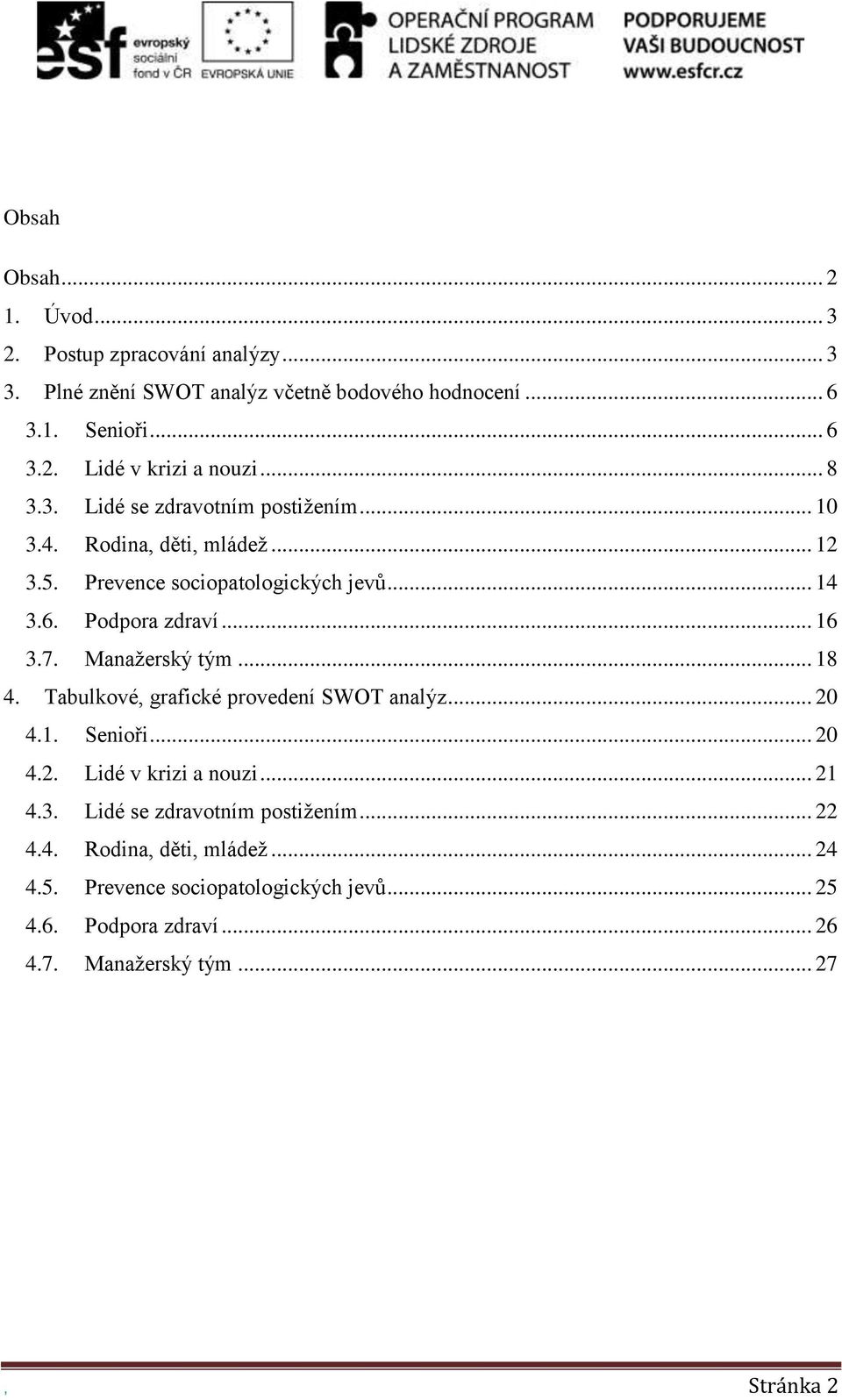 Manažerský tým... 18 4. Tabulkové, grafické provedení SWOT analýz... 20 4.1. Senioři... 20 4.2. Lidé v krizi a nouzi... 21 4.3.