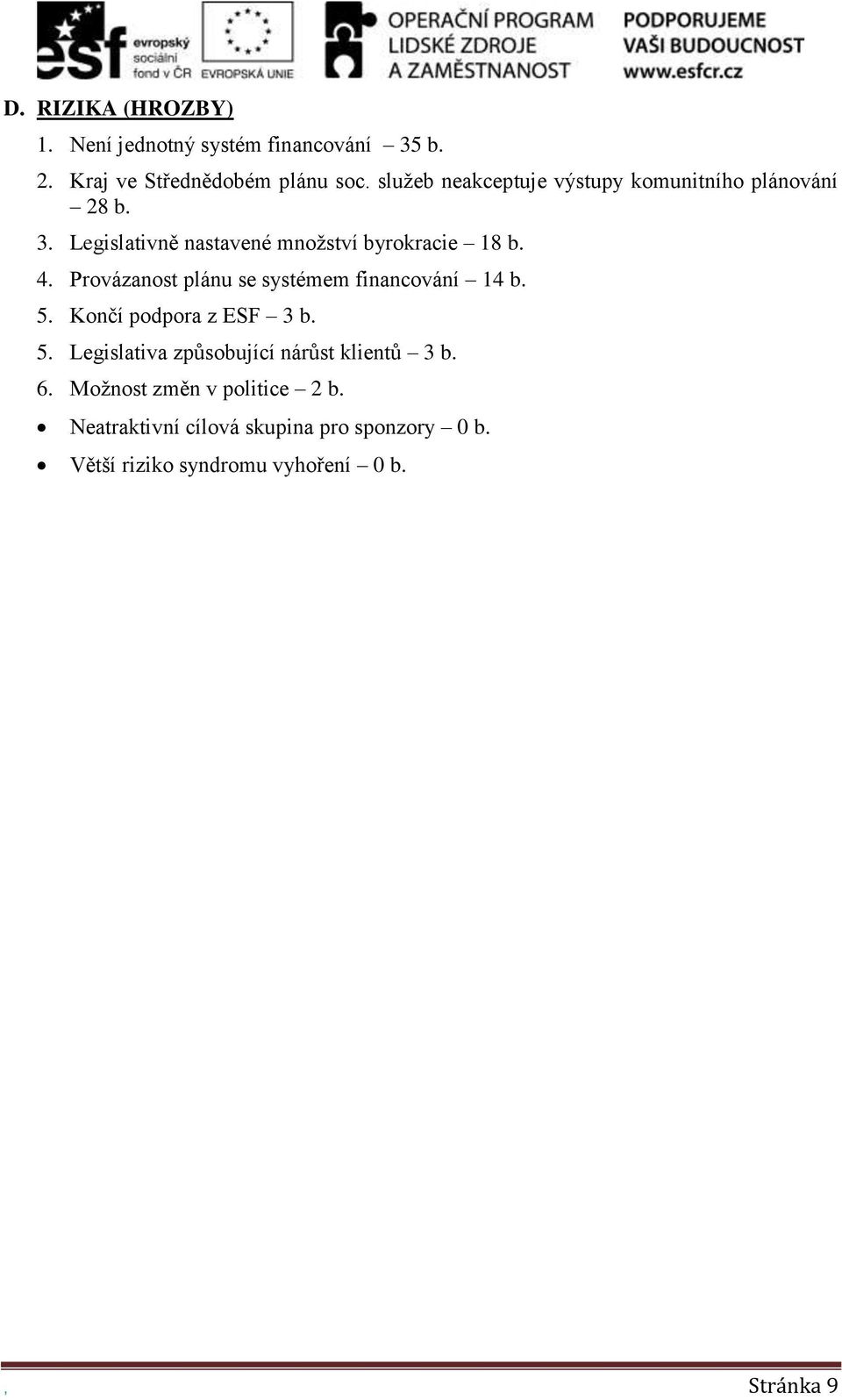 Provázanost plánu se systémem financování 14 b. 5. Končí podpora z ESF 3 b. 5. Legislativa způsobující nárůst klientů 3 b.