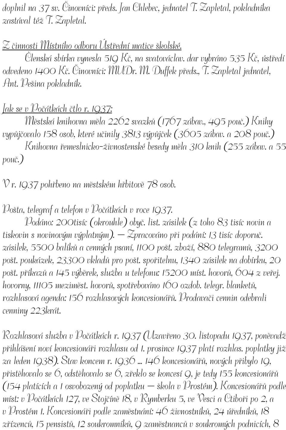 1937: Městská knihovna měla 2262 svazků (1767 zábav., 495 pouč.) Knihy vypůjčovalo 158 osob, které učinily 3813 výpůjček (3605 zábav. a 208 pouč.