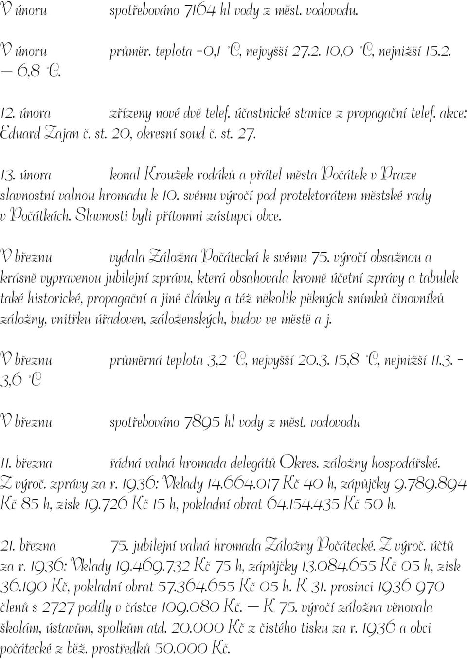 svému výročí pod protektorátem městské rady v Počátkách. Slavnosti byli přítomni zástupci obce. V březnu vydala Záložna Počátecká k svému 75.