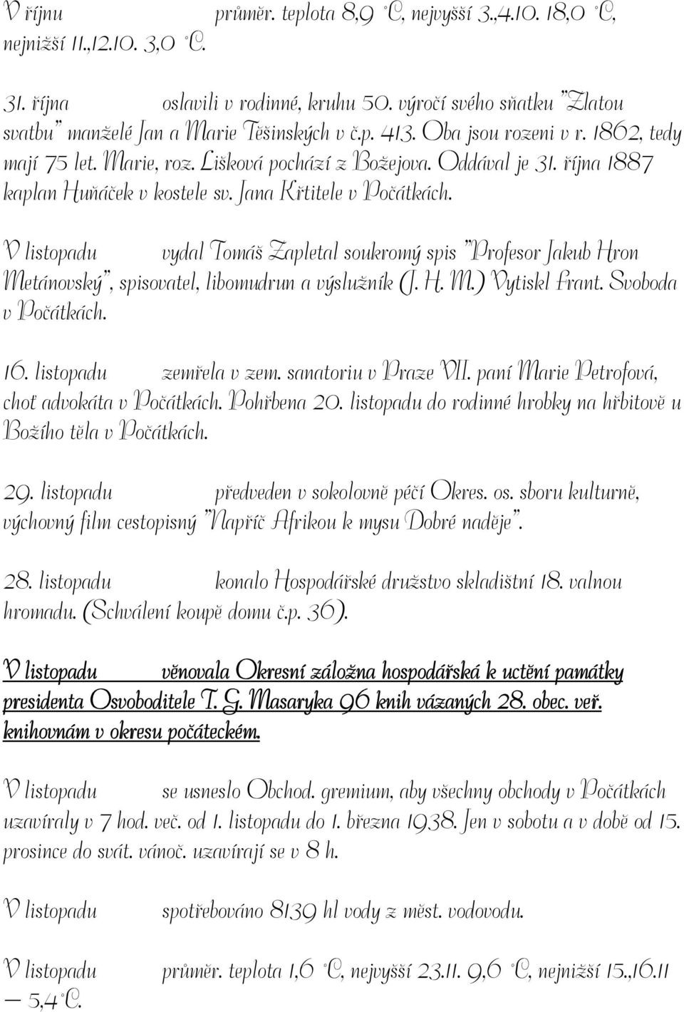 V listopadu vydal Tomáš Zapletal soukromý spis Profesor Jakub Hron Metánovský, spisovatel, libomudrun a výslužník (J. H. M.) Vytiskl Frant. Svoboda v Počátkách. 16. listopadu zemřela v zem.