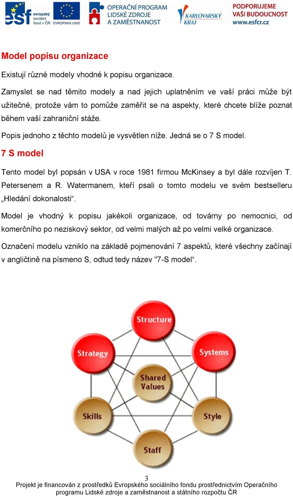 Popis jednoho z těchto modelů je vysvětlen níže. Jedná se o 7 S model. 7 S model Tento model byl popsán v USA v roce 1981 firmou McKinsey a byl dále rozvíjen T. Petersenem a R.