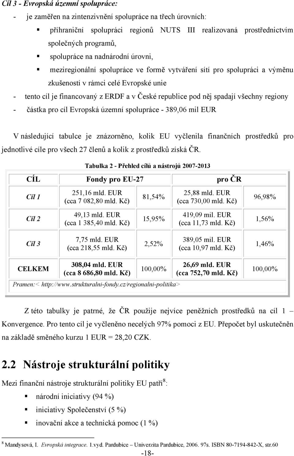 spadají všechny regiony - částka pro cíl Evropská územní spolupráce - 389,06 mil EUR V následující tabulce je znázorněno, kolik EU vyčlenila finančních prostředků pro jednotlivé cíle pro všech 27