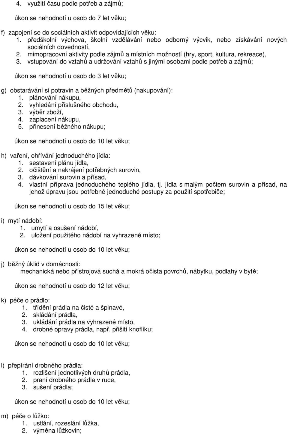 vstupování do vztahů a udržování vztahů s jinými osobami podle potřeb a zájmů; úkon se nehodnotí u osob do 3 let věku; g) obstarávání si potravin a běžných předmětů (nakupování): 1.