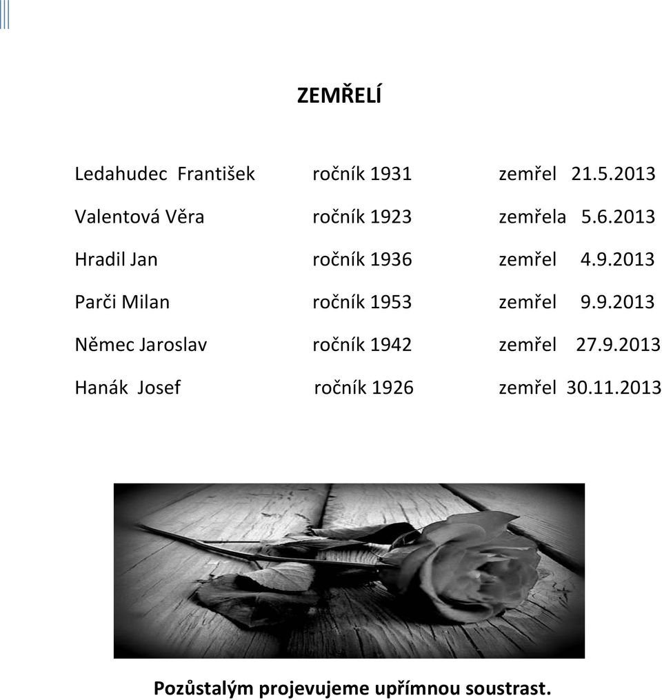 2013 Hradil Jan ročník 1936 zemřel 4.9.2013 Parči Milan ročník 1953 zemřel 9.