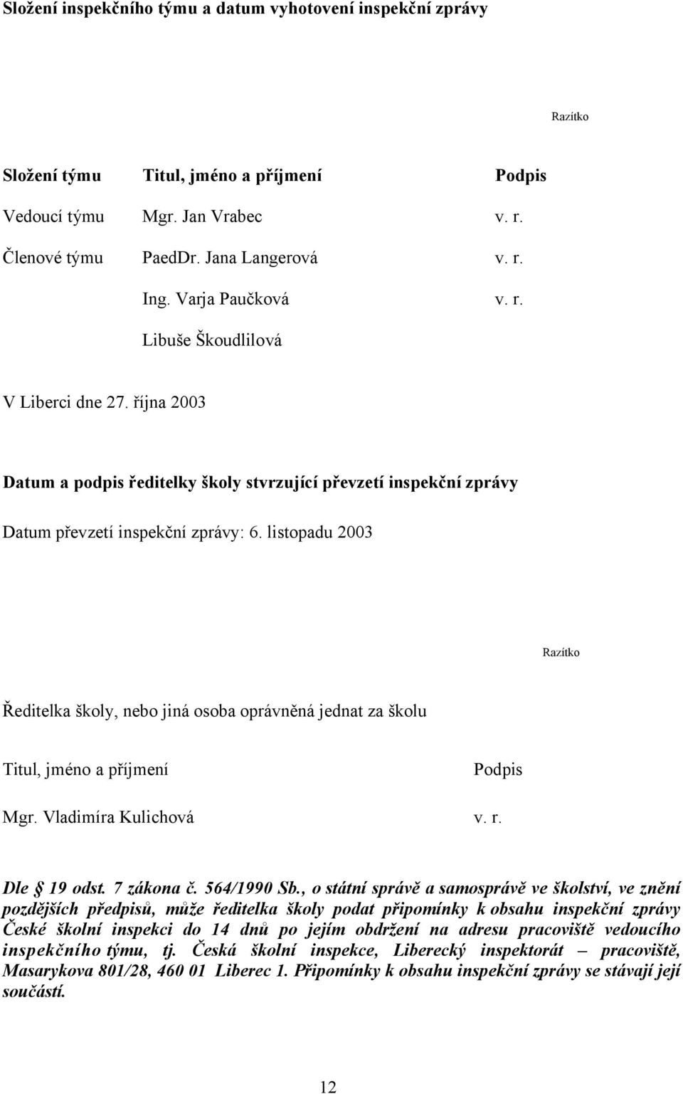 listopadu 2003 Razítko Ředitelka školy, nebo jiná osoba oprávněná jednat za školu Titul, jméno a příjmení Podpis Mgr. Vladimíra Kulichová v. r. Dle 19 odst. 7 zákona č. 564/1990 Sb.