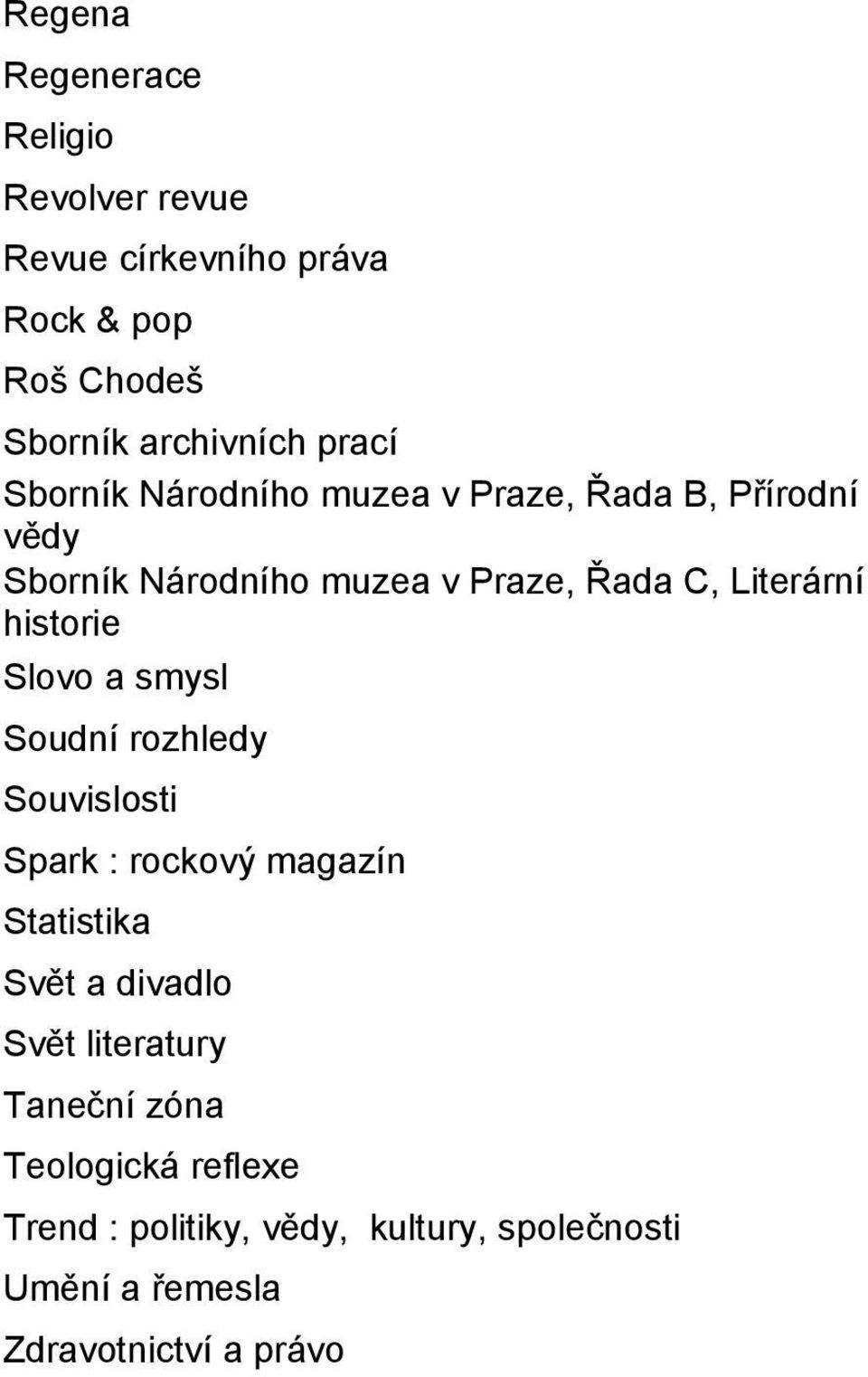 historie Slovo a smysl Soudní rozhledy Souvislosti Spark : rockový magazín Statistika Svět a divadlo Svět