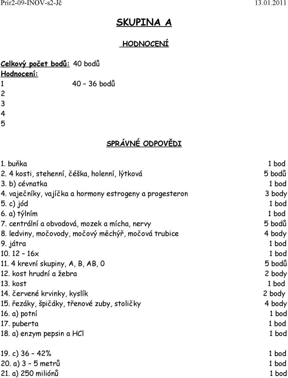 ledviny, močovody, močový měchýř, močová trubice 4 body 9. játra 1 bod 10. 12 16x 1 bod 11. 4 krevní skupiny, A, B, AB, 0 5 bodů 12. kost hrudní a žebra 2 body 13. kost 1 bod 14.